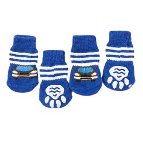 4 Pcs Blue Cars Knitted Dogs Socks Dog Paw Protection for Puppy Indoor Wear